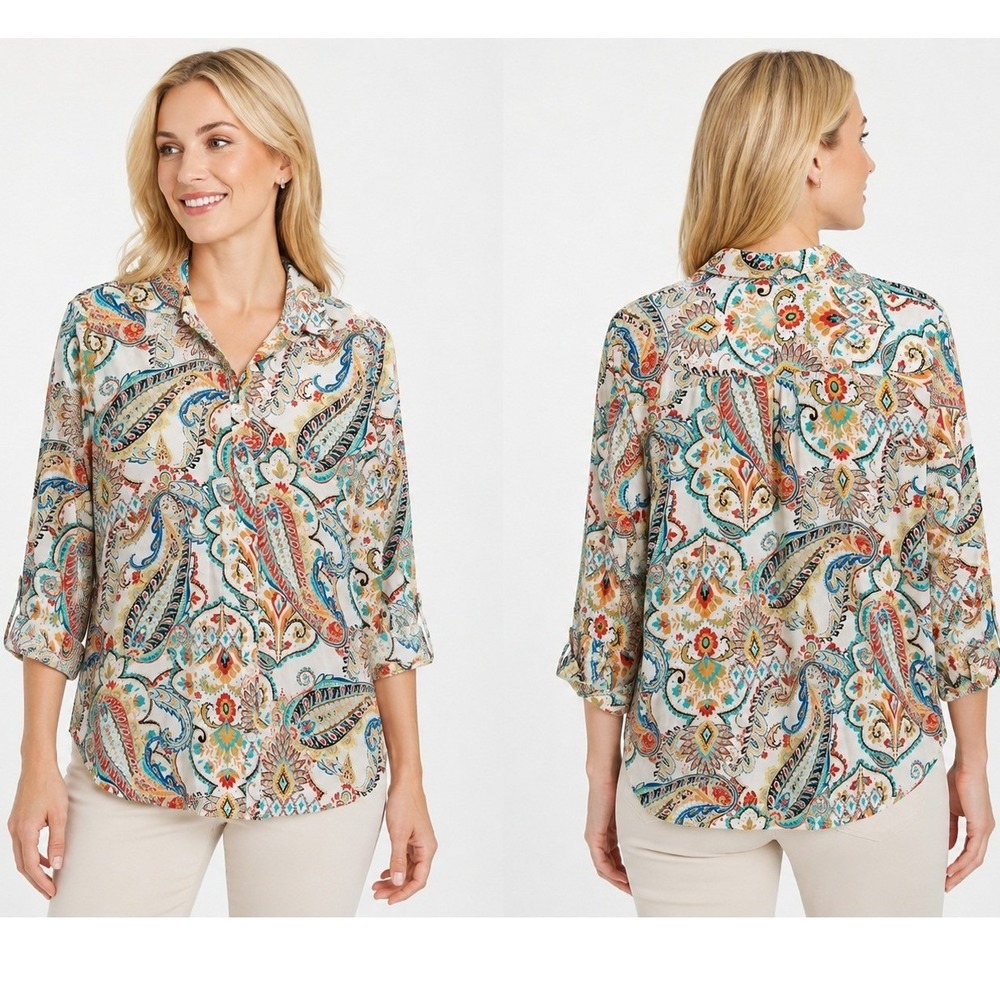 Chico's Button Down Shirt Womens 2 White Paisley No-Iron Chic Stretch Blouse - Picture 1 of 10